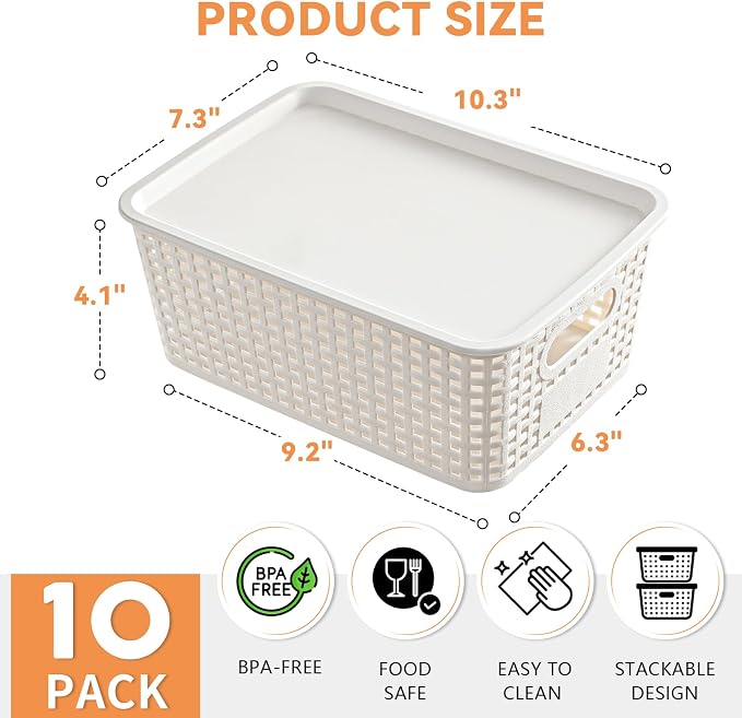 Set 5 Cajas de Almacenamiento Plástico + 5 Tapas, con Asas y Etiquetas – Apilables, Organizadoras para Cuarto, Cocina, Despensa y Manualidades