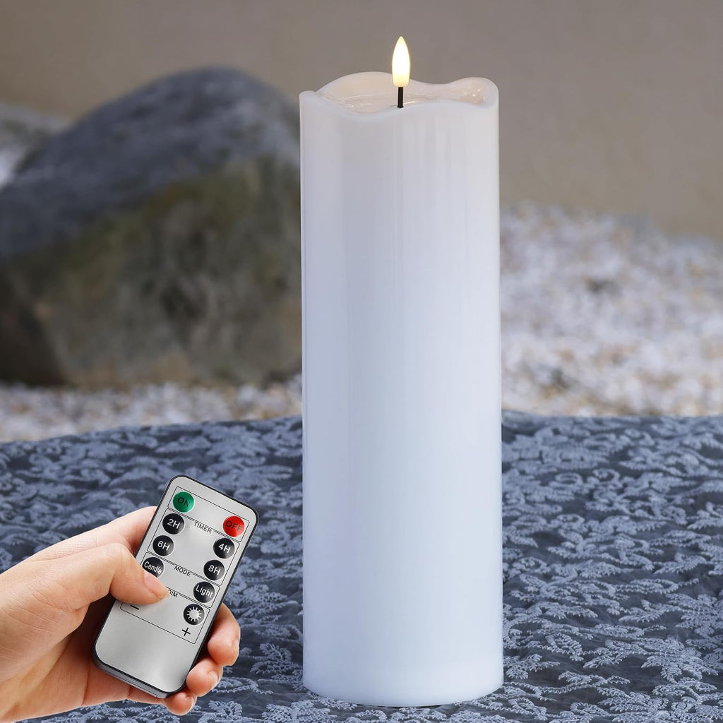 Vela Decorativa Sin Llama Exterior FLAMELESS – 4x12", Impermeable, Con Control Remoto, Llama Parpadeante, Blanca