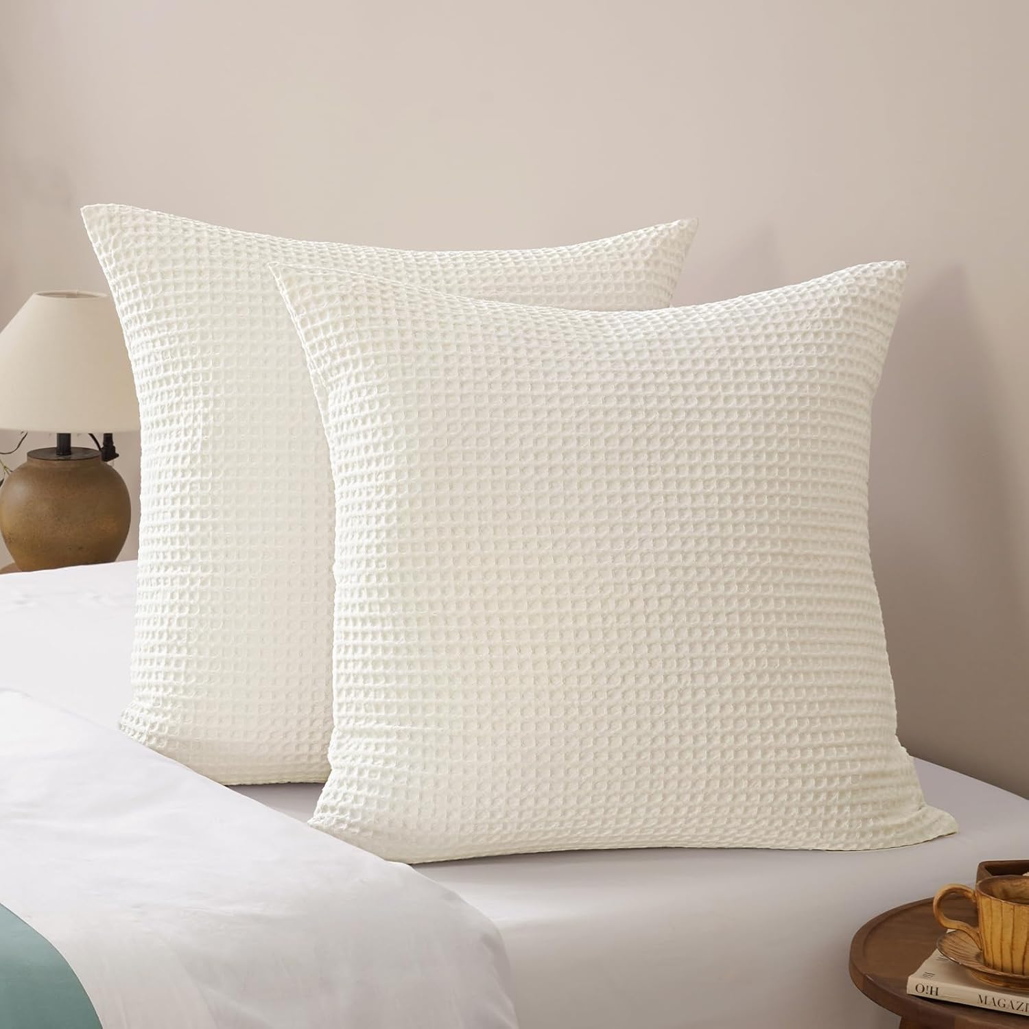 PHF Ultra Soft Waffle Weave Euro Shams Pillow Covers 26" x 26" 2 Pack, No Insert, Breathable Skin-Friendly Euro Throw Pillow Covers for Bed Couch Sofa, Coconut White