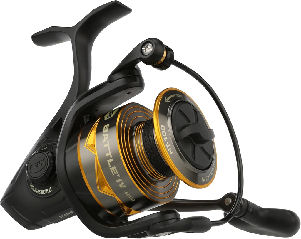 Penn Battle IV Size 4000 Spinning Fishing Reel, Full Metal Body and Sideplate, CNC Gear Technology, Hydro Armor Seals Critical Area from Water Intrusion, HT-100 Drag System