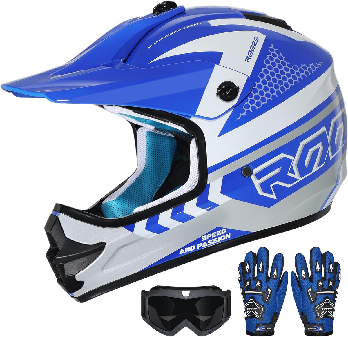 Casco de Motocross ROOZO para Ninos y Jovenes | Certificado DOT, Cara Completa | para Off-Road, ATV y Calle | Incluye Gafas Ajustables y Guantes