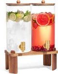 Dispensador de Bebidas de Vidrio 1.5 Galones, Set de 2 | con Soporte de Madera y Llave de Acero Inoxidable | Ideal para Fiestas, Limonada y Te
