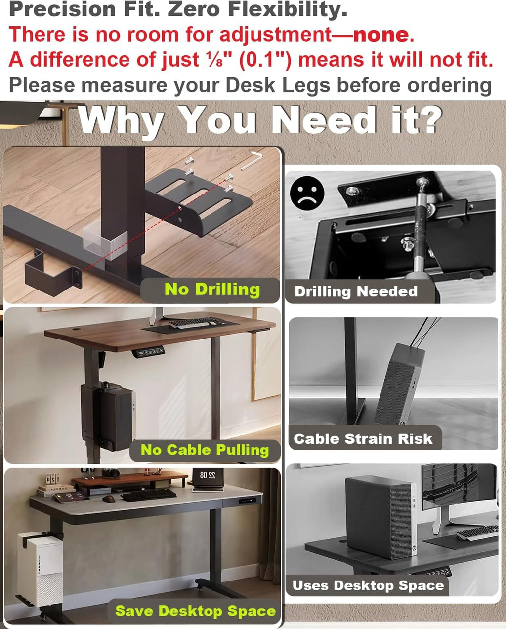 Soporte para PC debajo del escritorio - No requiere perforación, capacidad de 18 kg, soporte para computadora debajo de la mesa, altura y ancho ajustables