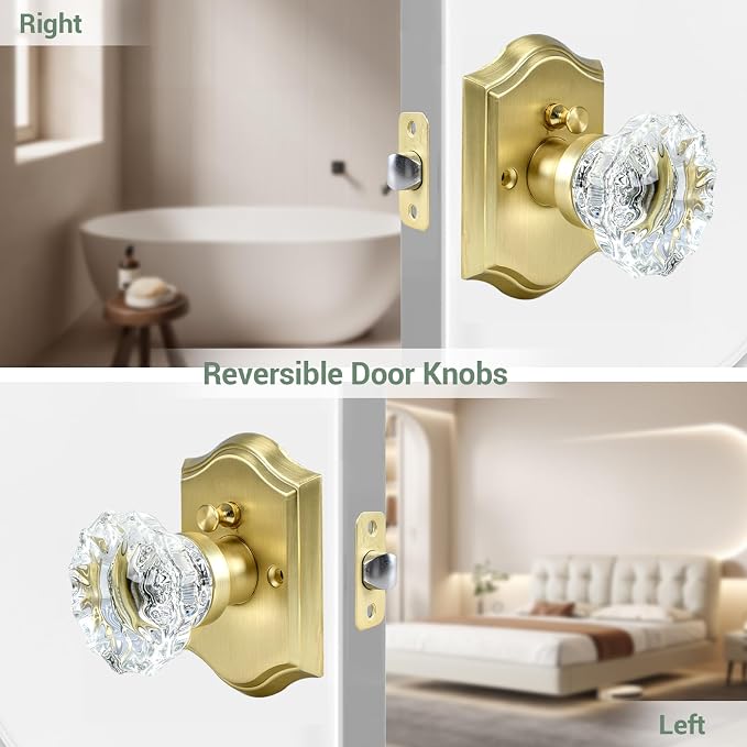 Pomos de puerta de cristal, pomos de puerta de vidrio de latón satinado en forma de rosa interior con función de privacidad de cerradura, vintage antiguo para dormitorio y baño