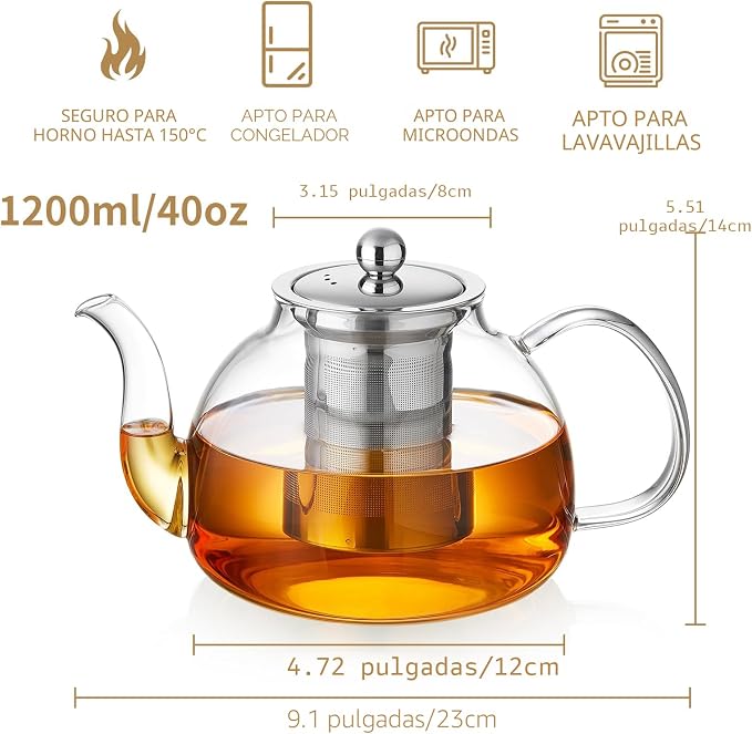DOPUDO Tetera de vidrio de 40OZ (1200ML) con infusor segura para estufa, tetera de vidrio transparente, tetera de borosilicato con filtro de infusor para té suelto, hervidor de té seguro