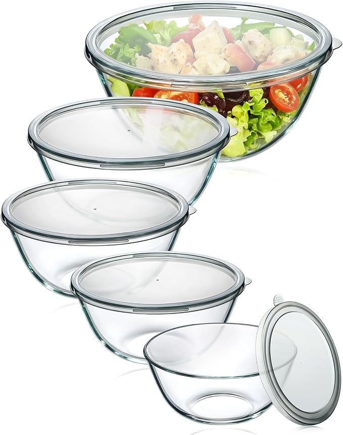 Juego de 5 cuencos de vidrio para mezclar con tapa (4.78QT, 2.2QT, 1.7QT, 1.1QT, 0.85QT), cuencos apilables de vidrio