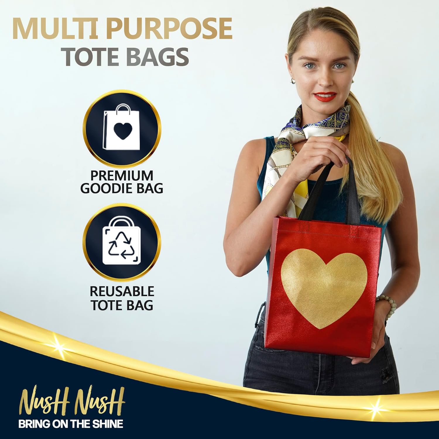 Nush Nush Bolsas de regalo de corazón dorado en color rojo, tamaño mediano, juego de 12 bolsas de regalo reutilizables con asas, bolsa de regalo ideal para aniversario, compromiso, boda, cumpleaños