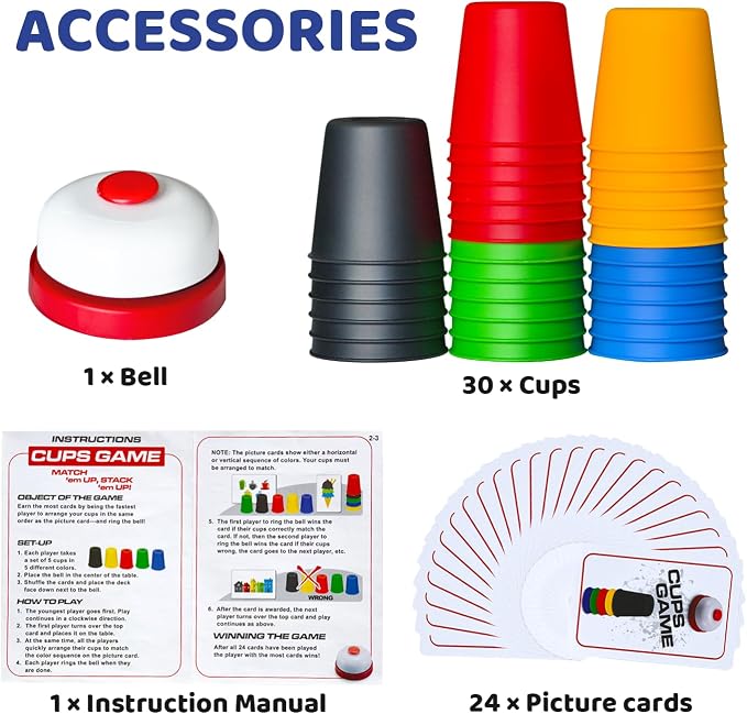 Pairez Toys Juego de Vasos de Apilamiento Rápido para Niños - Vaso Clásico de Velocidad a Juego con 24 Cartas y 30 Vasos - Juego Familiar Interactivo Padre-Hijo para Fiestas o Viajes