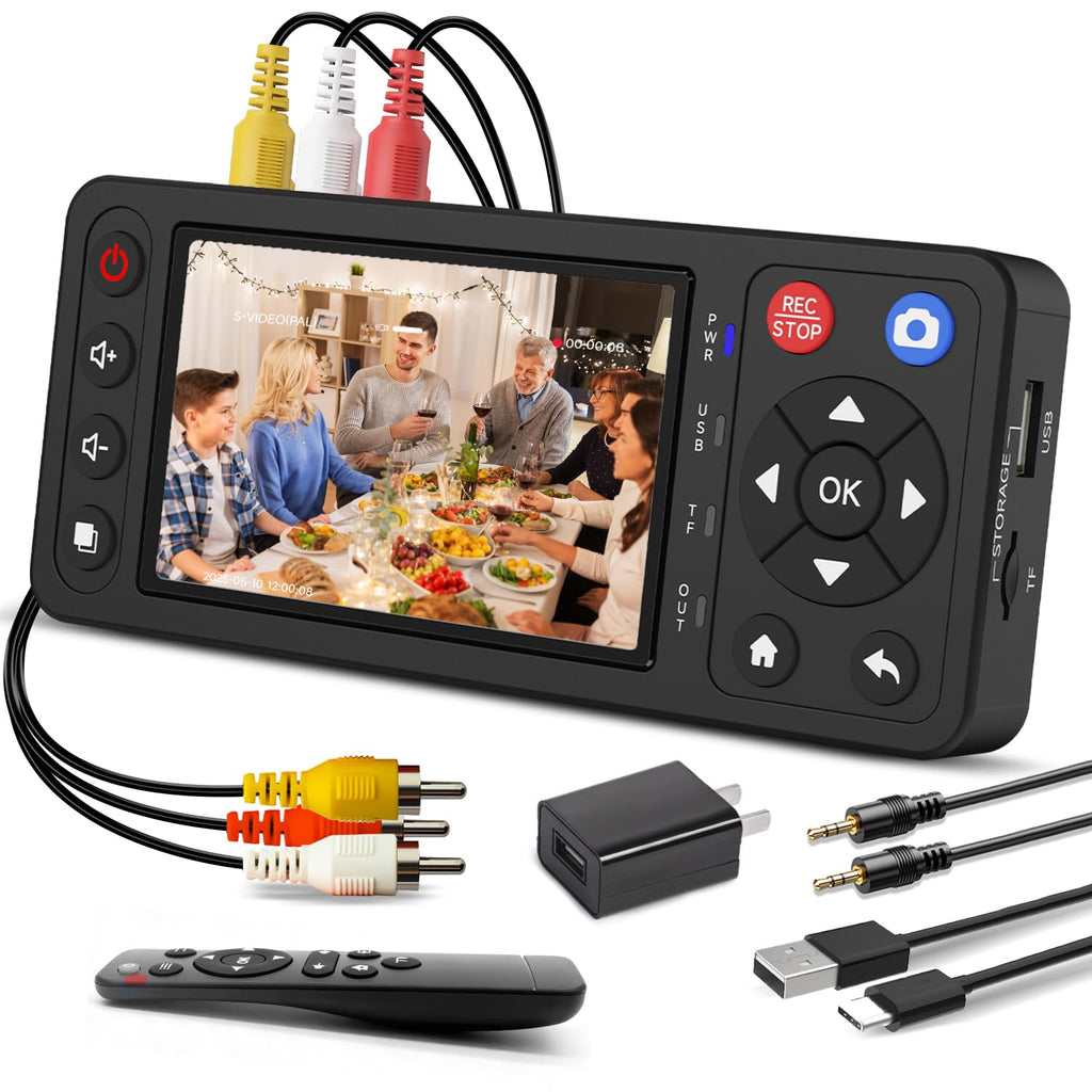 Convertidor de VHS a digital con pantalla HD de 4", convertidor de VCR a digital, conversión a MP4. Compatible con VHS, VCR, DVR, DVD, Hi8, Mini DV y videocámaras (cintas/reproductor de DVD no incluidos).
