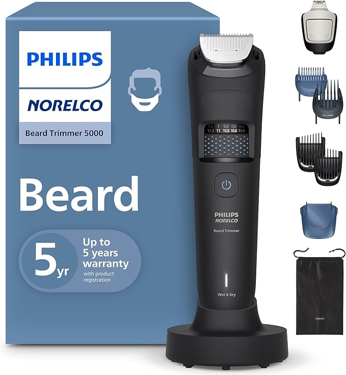 Recortadora de Barba Philips Norelco Serie 5000 | BeardSense 100% Impermeable | Cuchillas Autoafilables | Base de Carga | BT5785/40
