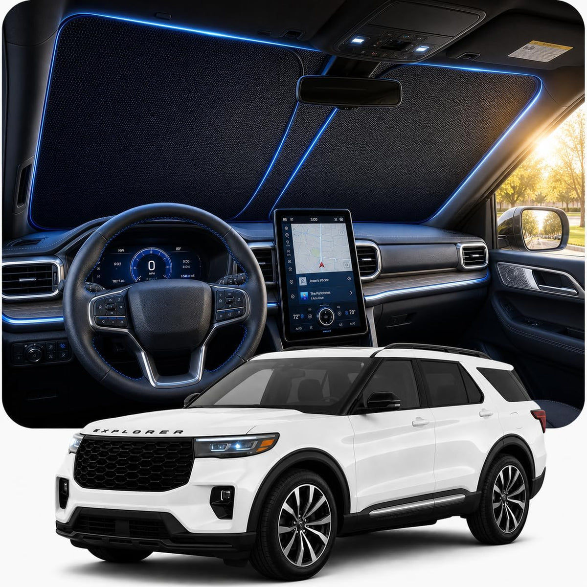 [Actualizado 2026] Parasol DooGooCoo para parabrisas de Ford Explorer, [Cristal de hielo refrigerante, bloqueo solar 100%] Parasol para parabrisas de Explorer 2020-2026, parasol delantero de ajuste personalizado para Explorer.