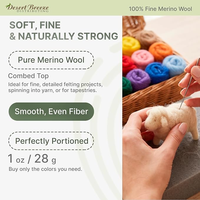 100% lana merino natural – 1 onza – Lana merino peinada de primera calidad – Tapiz, spinning, fieltro húmedo y fieltro de aguja – 21.5 micras – Color Nieve
