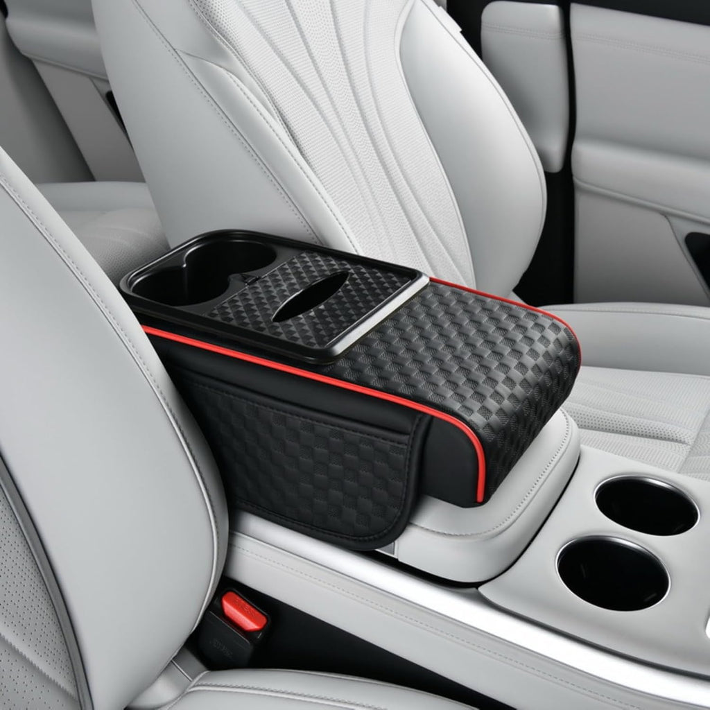 Almohadilla para reposabrazos de consola central TNDCKP para automóvil, ergonómica, con elevación de altura de 7 cm, bolsillos laterales, caja de pañuelos y portavasos integrados, ajuste universal para la mayoría de vehículos sedán (cuadros, negro-rojo).