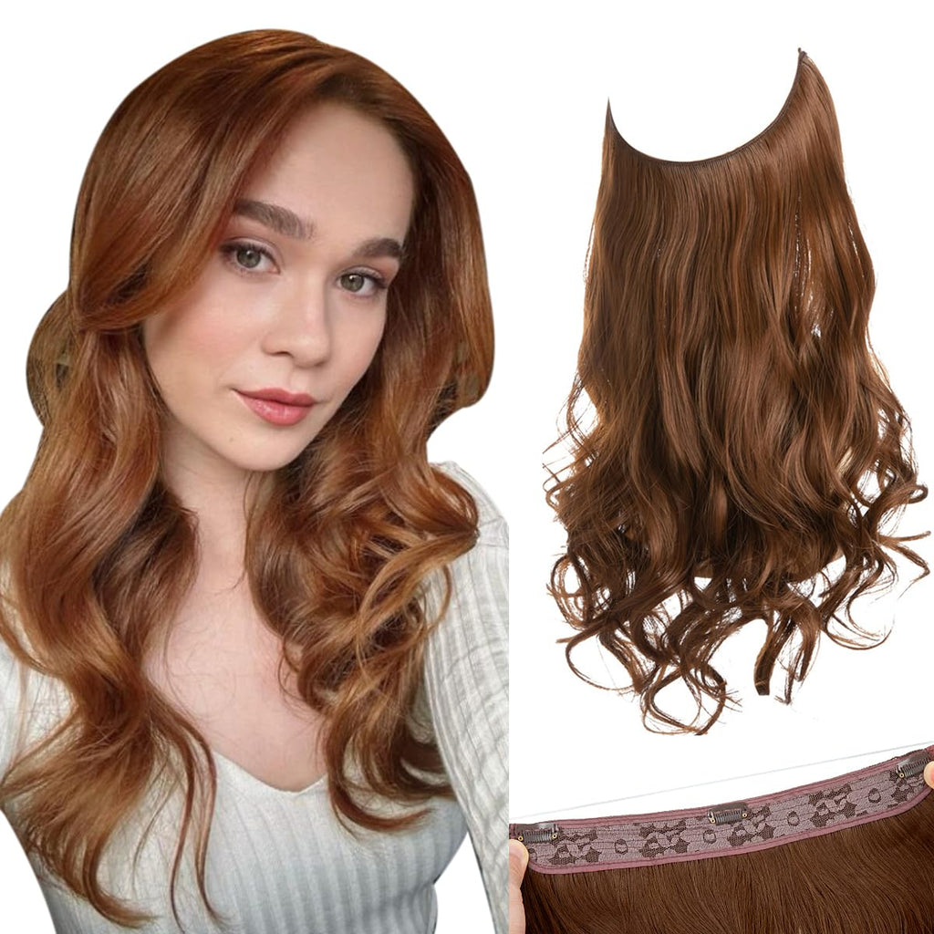 SARLA Extensiones de Cabello con Hilo Invisible y 3 Clips | Ondulado Sintético 22 Pulgadas | Diadema Transparente Ajustable para Mujer | Castaño Claro