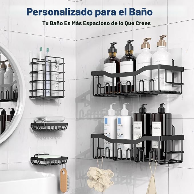 Organizador de Ducha Adhesivo EUDELE | Pack 5 | Acero Inoxidable Antioxidante | Sin Taladro | Gran Capacidad