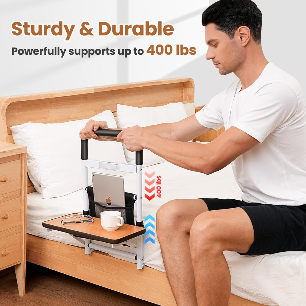 Barandillas de cama ONLYCARE para la seguridad de adultos mayores con luz con sensor de movimiento, barandilla de asistencia de cama ajustable en altura con bolsa de almacenamiento y escritorio