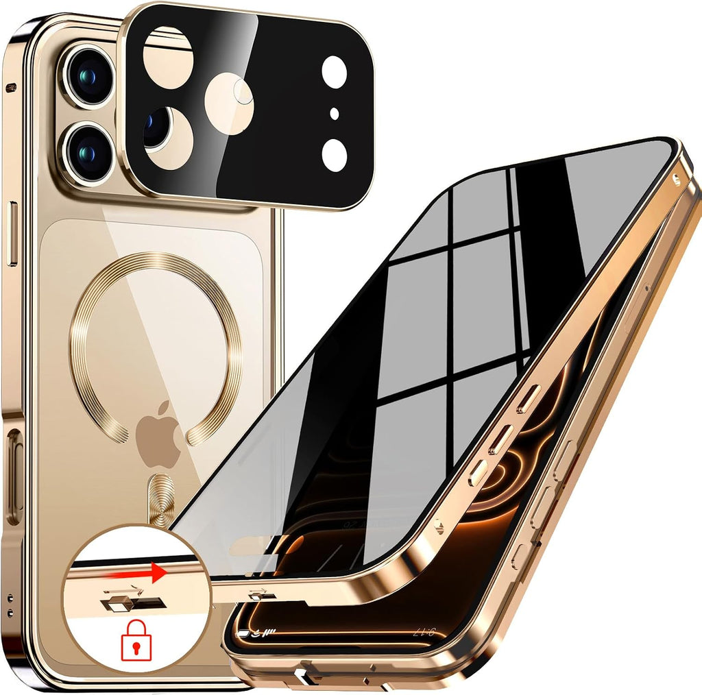 Funda de Privacidad Upholyee para iPhone 17 Pro | Anillo Metalico CD y Cierre Magnetico Emergente | Compatible con MagSafe | Proteccion de Lente y Vidrio 9H | Dorado
