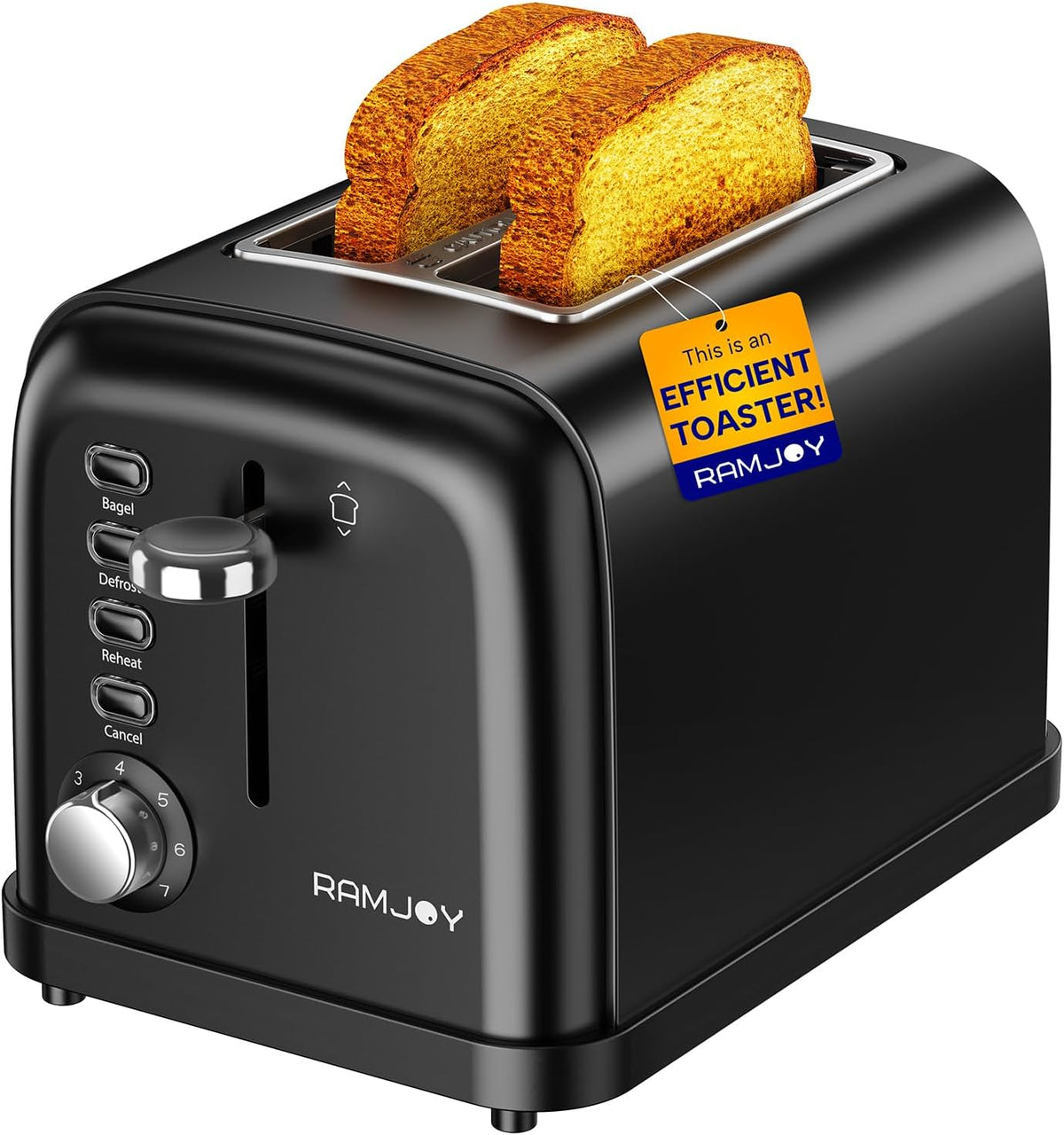 RAMJOY Toaster 2 Slice, Extra Wide Slot Toaster for Bagels, Bread, Waffles, 7 Shade Settings, 4 Main Functions, Removable Crumb Tray, 900 Watts Toasters, Brushed Stainless Steel