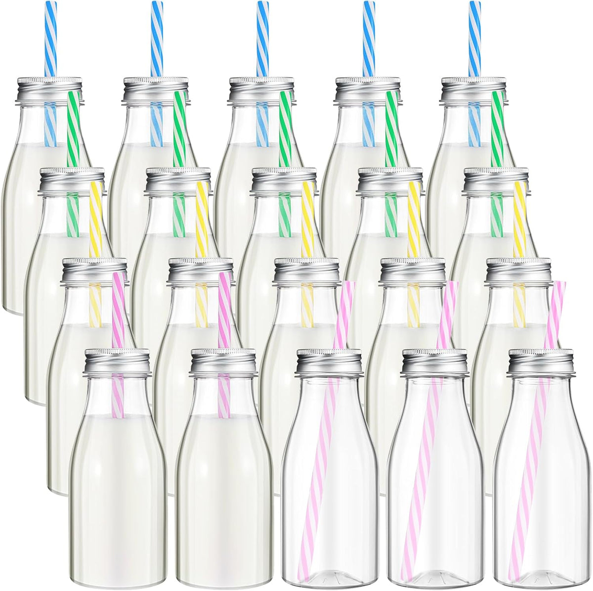 Yinkin 20 juegos de botellas de leche de plástico con pajitas, envases reutilizables para bebidas, ideales para fiestas de cumpleaños y baby showers, con tapas metálicas y pajitas para leche, zumos y batidos (237 ml, color pastel).