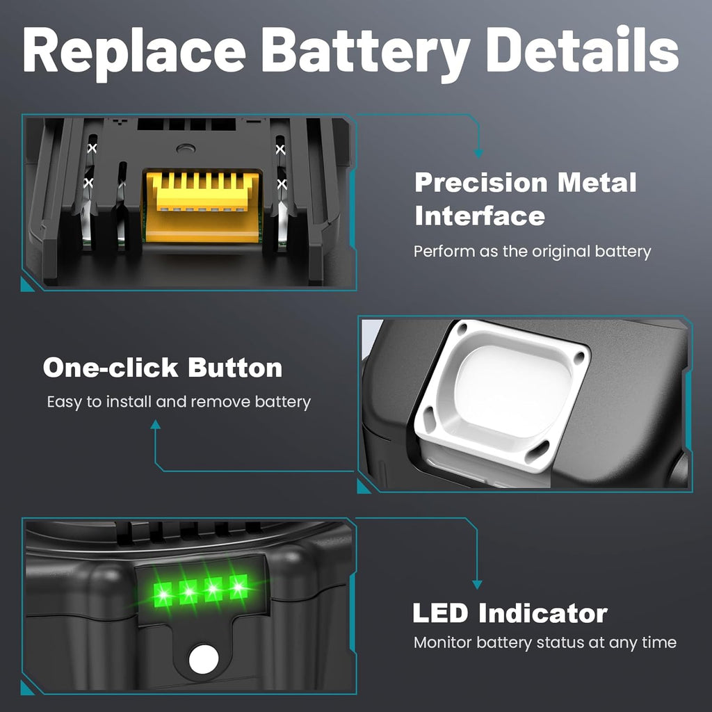 Djsanu Paquete de 4 baterías de litio de 18 V 6000 mAh de repuesto de larga duración para batería Makita de 18 V, alimentación de 6.0 Ah con indicador LED compatible con Makita BL1850B/BL1860B/BL1840B
