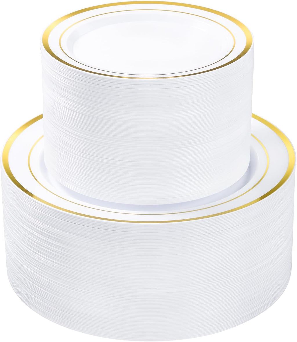 Platos de Plástico Dorados Bestvip Pack 200 – 100 Platos Llanos + 100 de Postre Desechables para Fiestas, Bodas y Cumpleaños