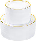 Platos de Plástico Dorados Bestvip Pack 200 – 100 Platos Llanos + 100 de Postre Desechables para Fiestas, Bodas y Cumpleaños