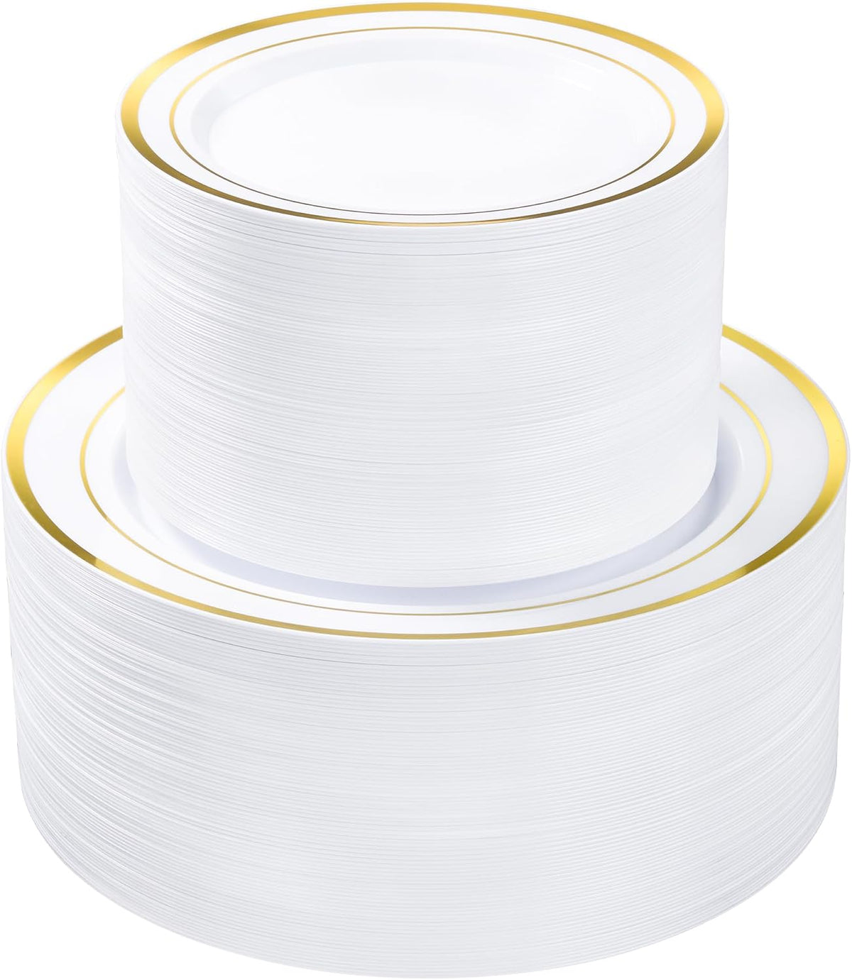 Platos de Plástico Dorados Bestvip Pack 200 – 100 Platos Llanos + 100 de Postre Desechables para Fiestas, Bodas y Cumpleaños