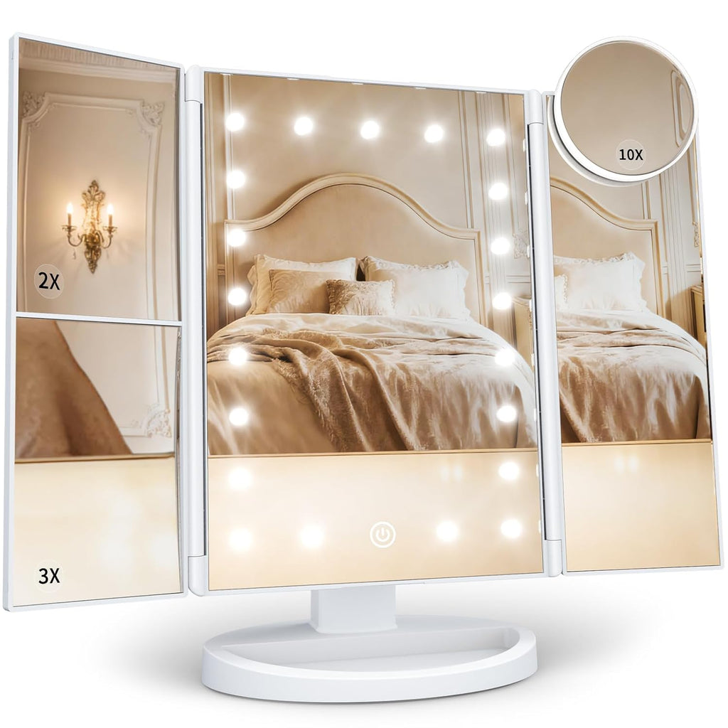 Espejo de maquillaje HUONUL, espejo de tocador con luces, aumento de 2X/3X/10X, control táctil, plegable en tres partes, doble fuente de alimentación, regalo de cumpleaños para mujeres, esposas, madres, niñas, artículos esenciales para dormitorios