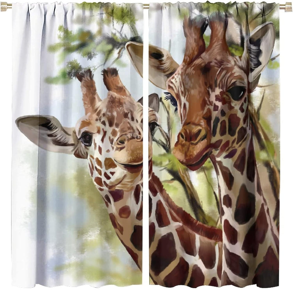 Kurtect Giraffe Window Curtains Animal Rod Pocket Curtains Jungle Wildlife Cartoon Zoo Theme Painting for Living Room Boys Kids Bedroom Kitchen Drape Home Decor,42x45in