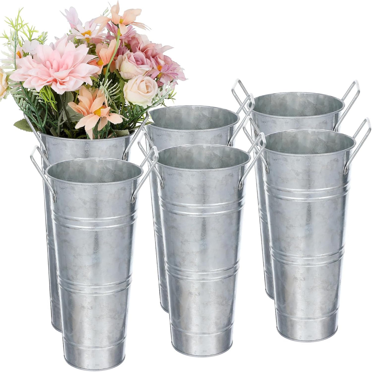 Floreros de Metal Galvanizado Rústico Estilo Farmhouse – Set de 6, 10 Pulgadas con Asas, Para Bodas y Decoración