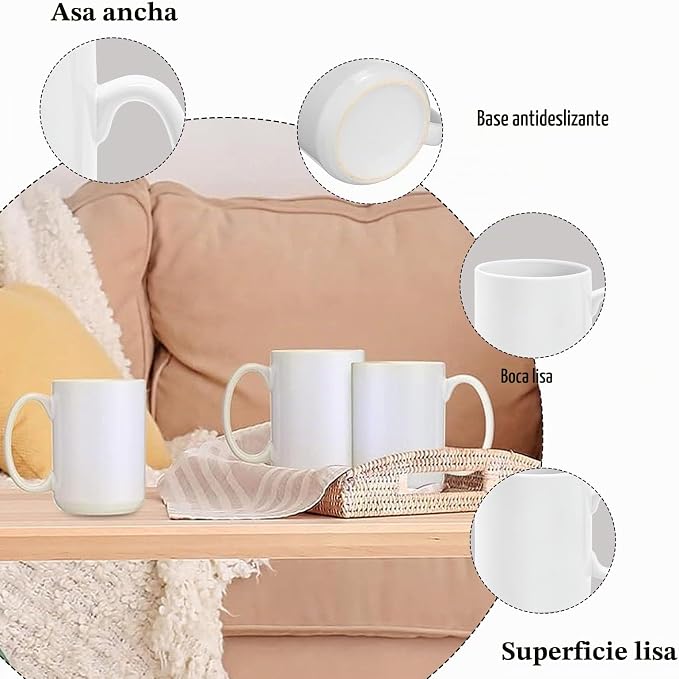 Juego de 12 Tazas de Sublimación 15 oz – Cerámica Blanca para Café y DIY (Falta 1 Taza, 1 Viene Estrellada)