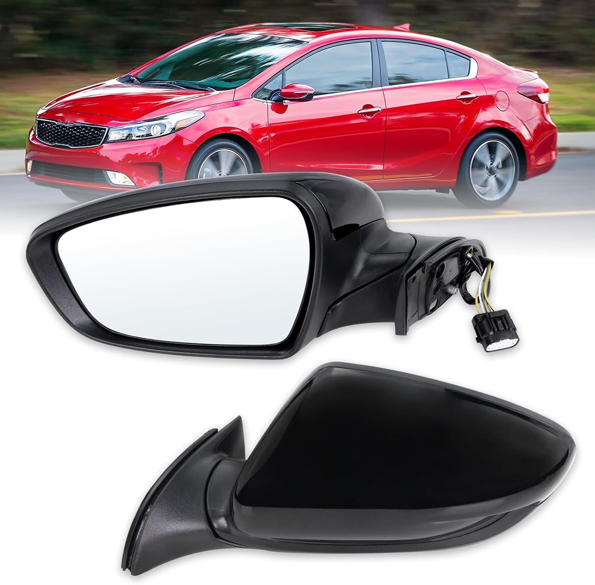 Espejo Lateral Conductor Izquierdo | Compatible Kia Forte 2017 2018 | Plegado Manual Vidrio Electrico Calefaccionado Negro | KI1320213 5 Pines