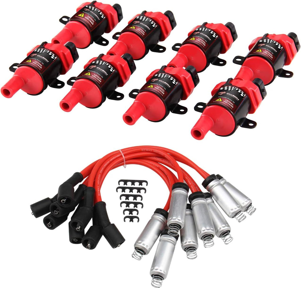 Juego de Alto Rendimiento 8 Piezas Bobinas de Encendido D585 UF262 Tipo Redondo + 8 Piezas Juego de Cables de Bujías 8mm Número de Parte 748UU 12622553 12656210 - 15% Más Energía