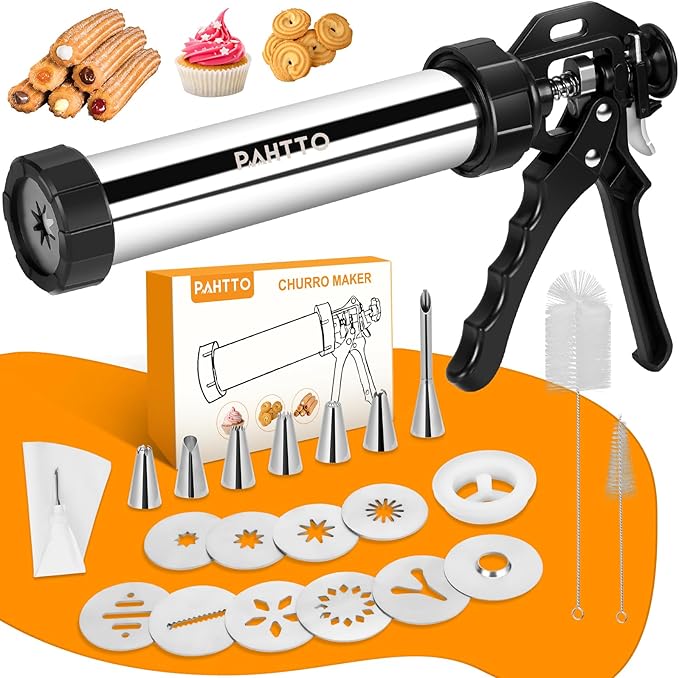 Kit Máquina para Hacer Churros de Acero Inoxidable – Set 21 Piezas con Manga Pastelera, Relleno, 6 Boquillas, 9 Discos y 2 Brochas, Para Churros y Galletas