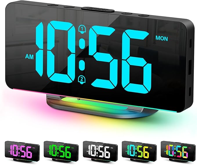 Reloj despertador digital, reloj LED digital grande para dormitorios con luz nocturna de 10 colores cambiantes, brillo ajustable, puerto de carga USB, reloj de cabecera y de escritorio para decoración