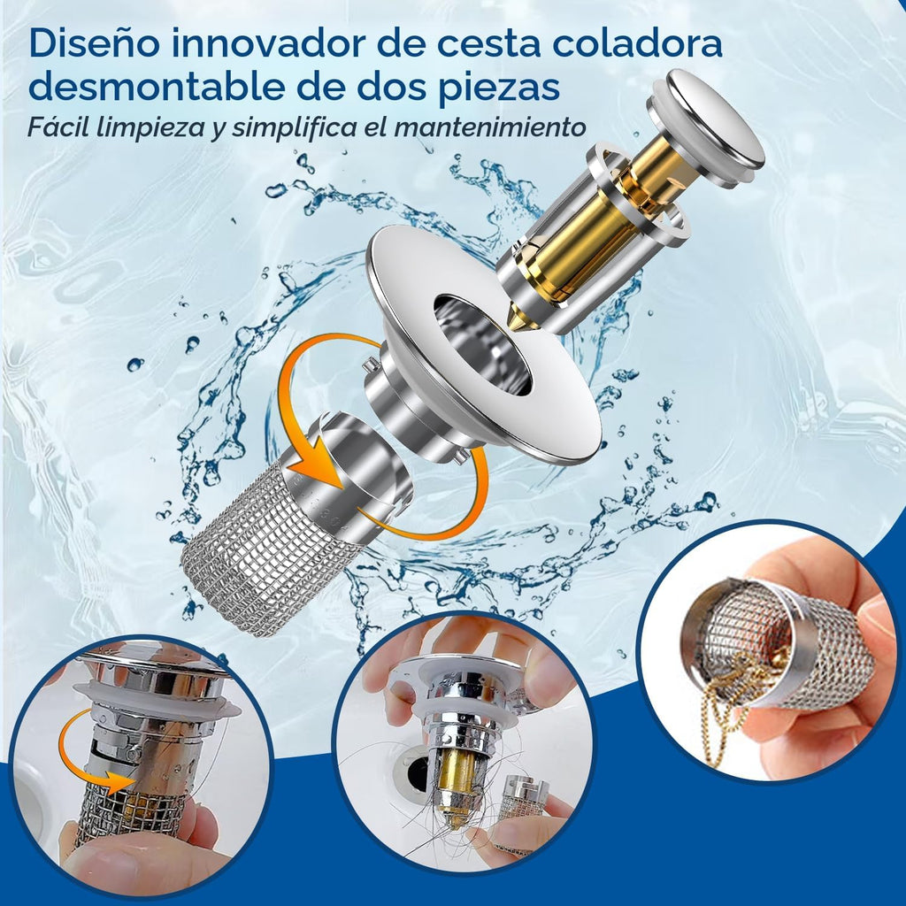 Repuesto de tapón desplegable para lavabo de baño, colador de drenaje con canasta captadora de pelo extraíble de acero inoxidable (2 piezas)