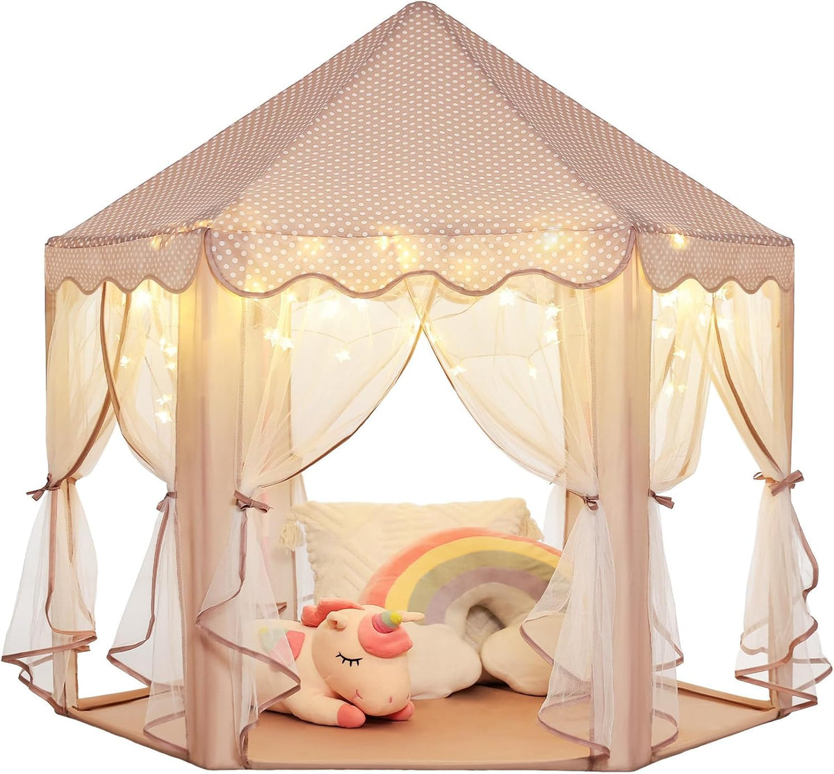Carpa Castillo de Princesa Grande – Con Luces de Estrellas, Cortinas de Malla, Interior y Exterior