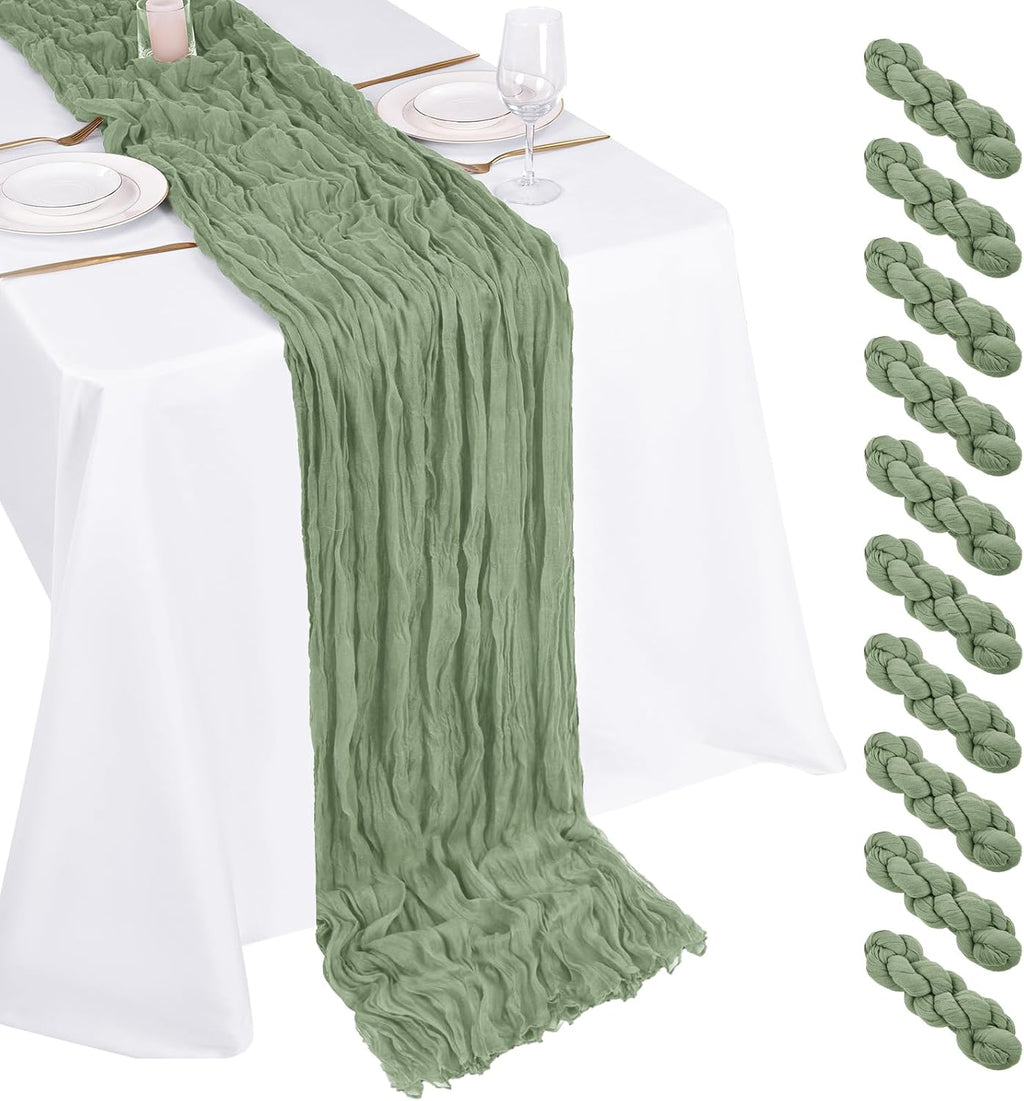 Paquete de 10 caminos de mesa de gasa verde salvia de 17x108 pulgadas, estilo bohemio, ideales para bodas, fiestas, baby showers, cumpleaños y decoración del hogar.