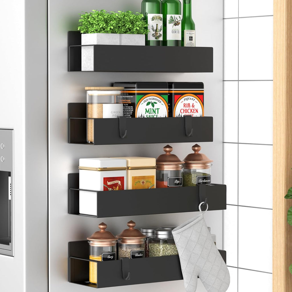 HuggieGems 4 Pack Organizador Magnetico de Especias | Estante de Metal para Refrigerador y Horno | Negro, Organizador de Cocina