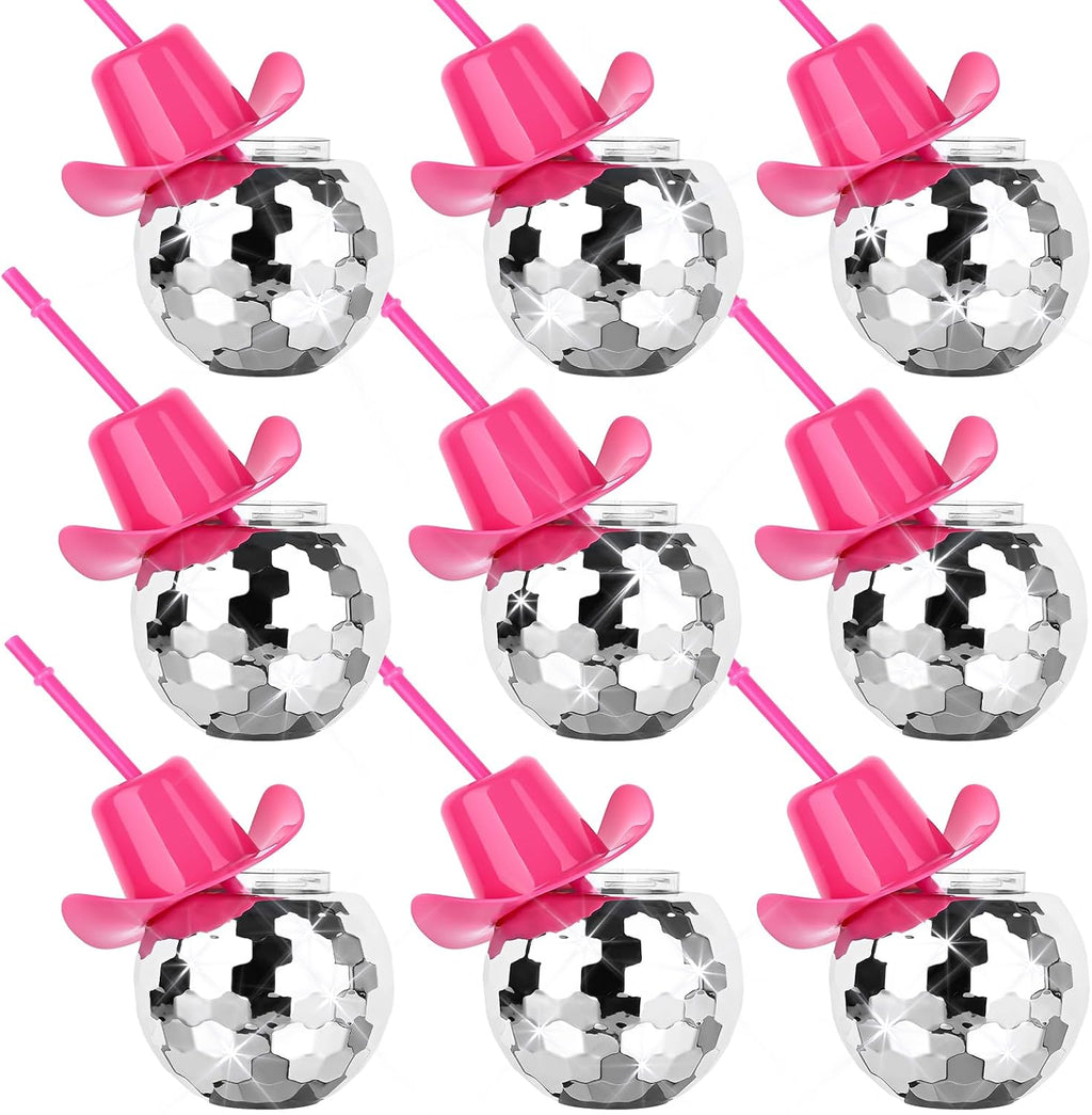 Set de 9 Vasos Bola de Disco MAKCNMYM Rosa Cowgirl | Vasos Espejo con Pajilla, Copa de Cóctel Plateada Estilo 70s | Para Fiesta Vaquera y Despedida de Soltera