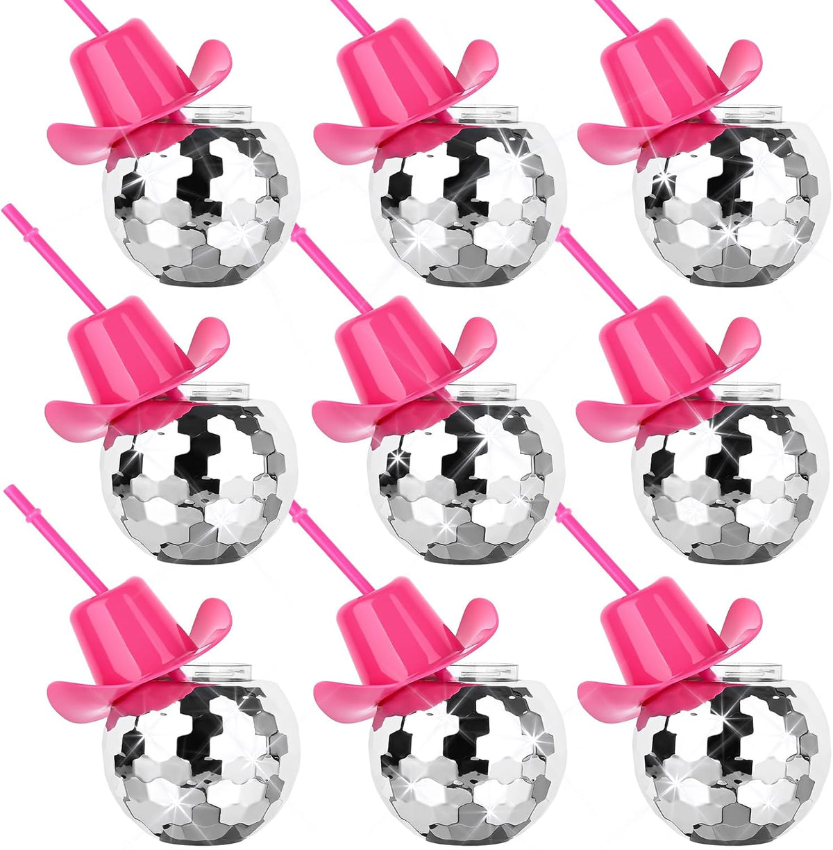 Set de 9 Vasos Bola de Disco MAKCNMYM Rosa Cowgirl | Vasos Espejo con Pajilla, Copa de Cóctel Plateada Estilo 70s | Para Fiesta Vaquera y Despedida de Soltera
