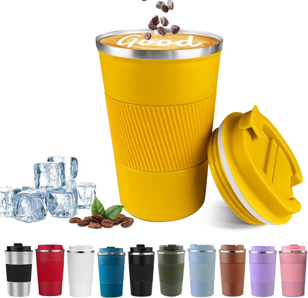 Taza de café de viaje aislada YINBAOGE, a prueba de derrames y fugas, portátil, de acero inoxidable, para llevar de camping, reutilizable, con tapa para bebidas frías y calientes (amarilla, 17 oz).