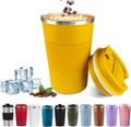 Taza de café de viaje aislada YINBAOGE, a prueba de derrames y fugas, portátil, de acero inoxidable, para llevar de camping, reutilizable, con tapa para bebidas frías y calientes (amarilla, 17 oz).