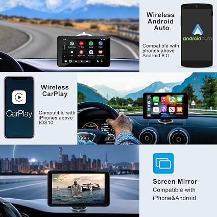 Pantalla de autorradio con CarPlay inalámbrico y Android Auto, pantalla táctil Bluetooth portátil de 7 pulgadas compatible con Apple CarPlay y Android, duplicación de pantalla, navegación en directo, AirPlay y entrada auxiliar (7 pulgadas).