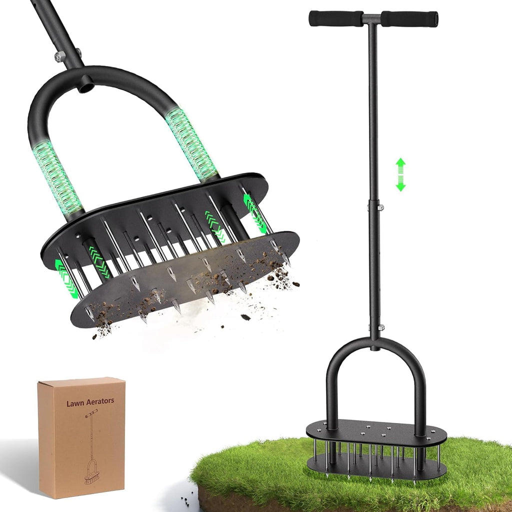 Aireador de césped Onadak con diseño automático para limpiar tierra y hojas, 15 púas de hierro preensambladas, herramientas para airear el césped y el jardín, herramienta aireadora con púas.