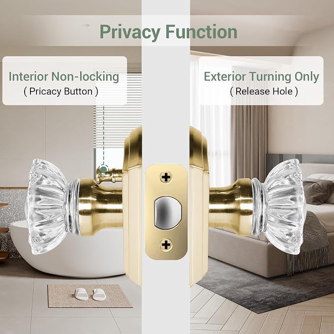 Pomos de puerta de cristal, pomos de puerta de vidrio de latón satinado en forma de rosa interior con función de privacidad de cerradura, vintage antiguo para dormitorio y baño