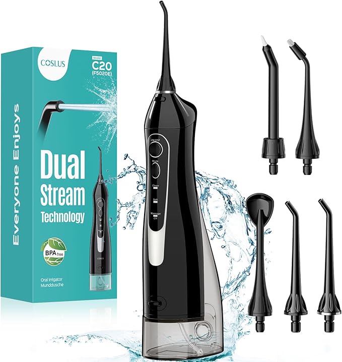 COSLUS Hilo Dental de Agua: Irrigador Oral Portátil Inalámbrico 300ML Recargable Limpiador de Viaje IPX7 Impermeable Máquina de Hilo Dental Eléctrico para Limpieza de Dientes C20(F5020E)