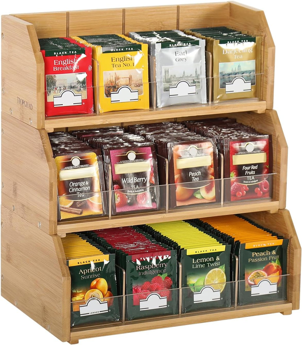 TIOPGHAD Organizador de bolsitas de té apilable de 3 niveles de bambú, soporte de almacenamiento para bolsitas de té, caja de madera para té, estante para bolsitas de té, soporte para armario, encimera u oficina (diseño patentado)