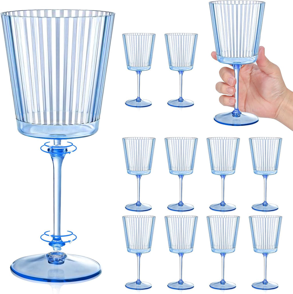 12 copas de vino de plástico azul acanalado de 400 ml (13.5 oz), copas de vino acanaladas desmontables, elegante cristalería estriada de estilo vintage para bodas, aniversarios, cumpleaños y cenas (azul, paquete de 12).