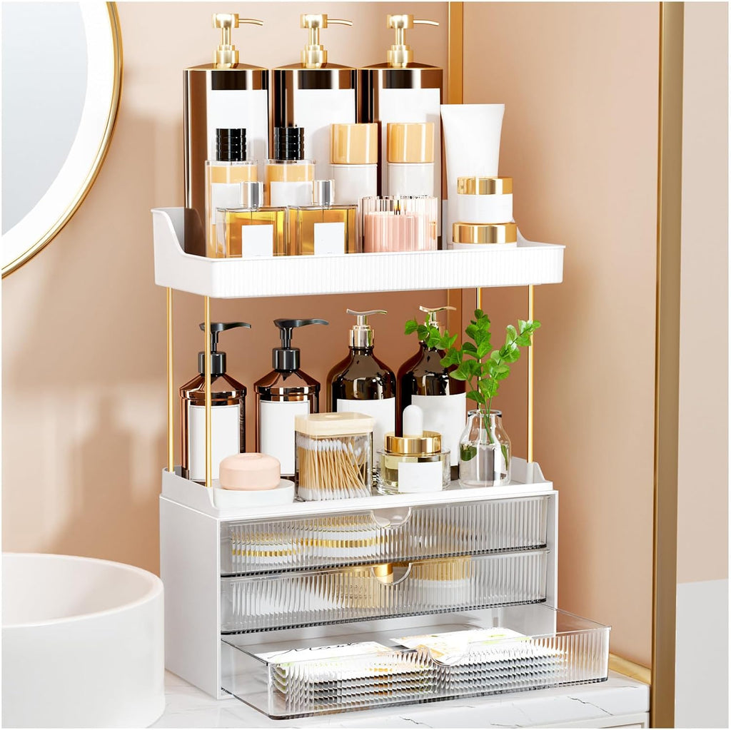 Organizador de mostrador de baño de 3 cajones - Organizador de maquillaje de 5 niveles, organizador de perfumes versátil, ideal para almacenamiento en el baño, tocador, cuidado de la piel grande, perfume, regalo, transparente